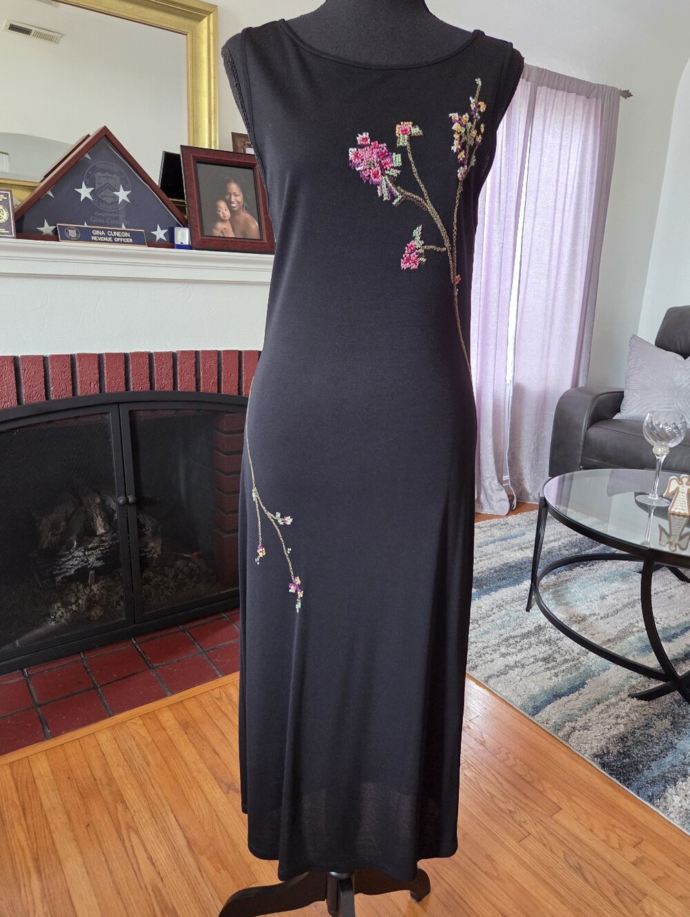 Evan-Picone Black Sleeveless Midi Dress with Beaded Pink Floral Embroidery
